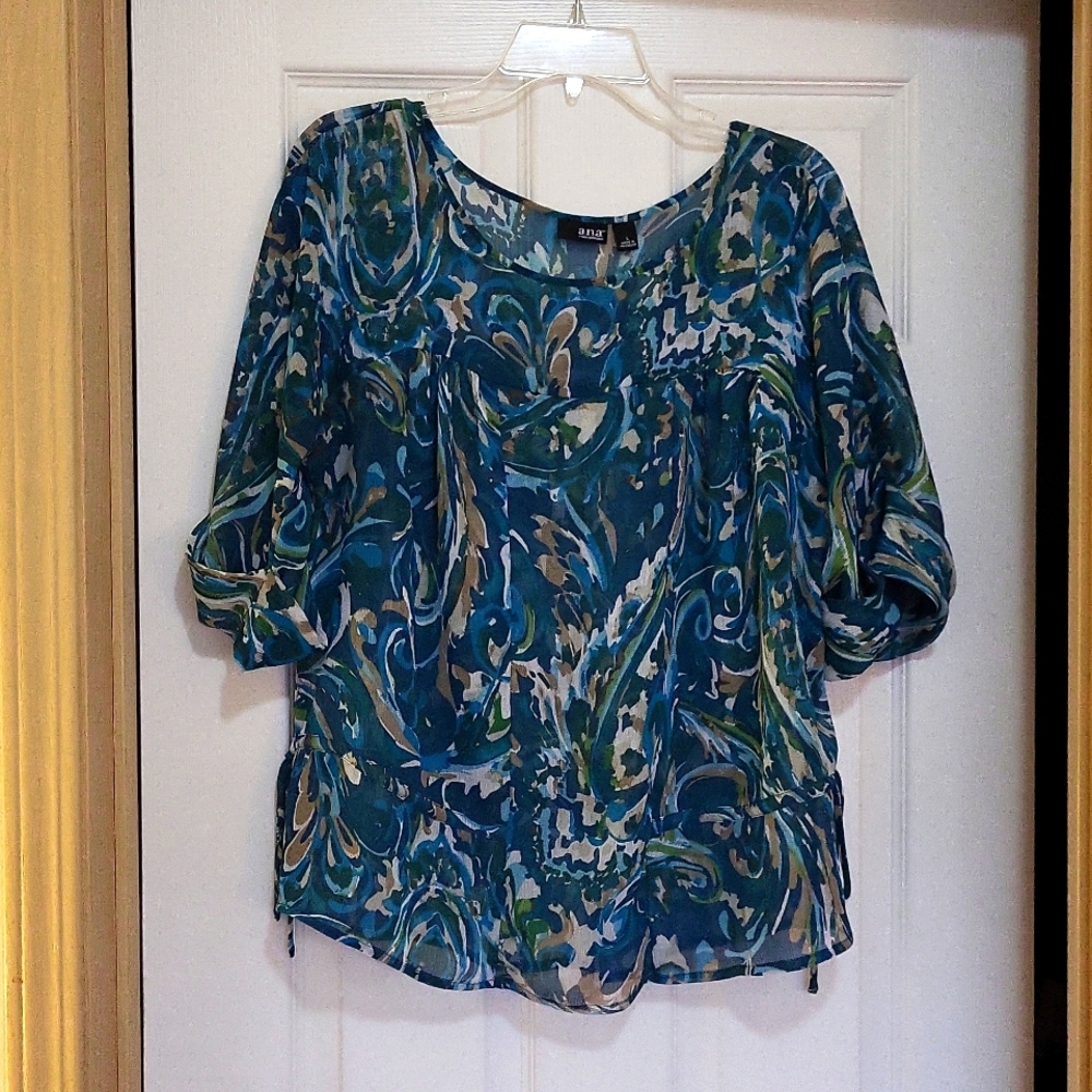 Top, teal/tan, Size Large, Sheer, Brand A.N.A